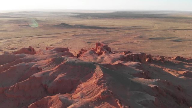 Aerial view of the Bayanzag, flaming cliffs, Gobi Desert, Mongolia