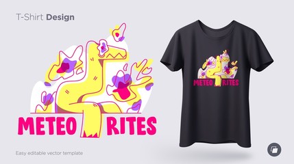 Scared dinosaur under a meteor shower. Prints on T-shirts, sweatshirts, cases for mobile phones, souvenirs. Isolated vector illustration on white background.