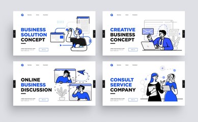 Set of Presentation slide templates or landing page websites design. Business concept illustrations. Modern flat outline style.