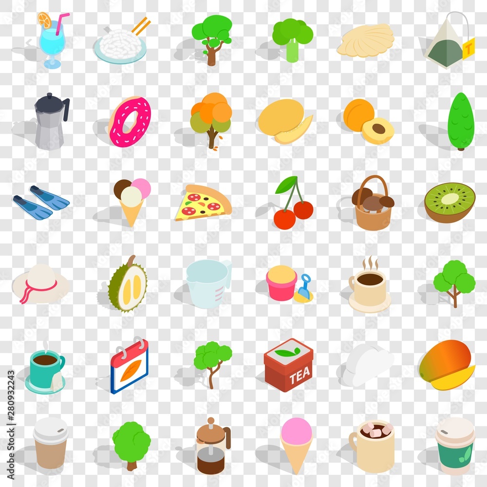 Poster pizza icons set. isometric style of 36 pizza vector icons for web for any design