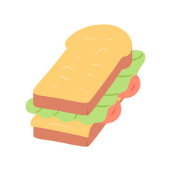 Sandwich flat design long shadow color icon. Fast food, breakfast, school lunch. Sandwich with ham, cheese, salad and toasted bread. Cafe, restaurant snack, appetizer. Vector silhouette illustration