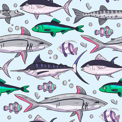 Sea seamless vector pattern. Ocean tropical exotic illustration with tropical underwater animals - shark, moorish idol, clown fish, swordfish. Marine life. Sea background vector illustration.