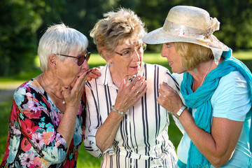 Three elderly women sharing secrets.