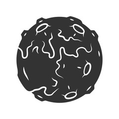 Moon glyph icon. Earth satellite. Fantastic planet with volcanoes. Spherical space object. Solar system body. Astronomical observations. Silhouette symbol. Negative space. Vector isolated illustration