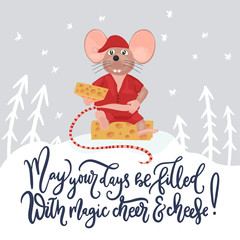 Christmas vector mouse. Cartoon illustration. Cute mice with cheese and lettering quote.