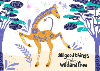 Cartoon giraffe vector flat illustration in scandinavian style. All good things are wild and free.