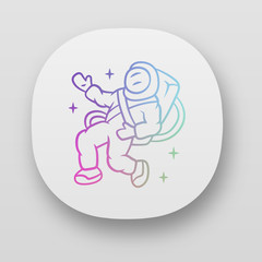 Astronaut app icon. Spaceman. Space explorer. Cosmonaut in outer space. Man in space suit. Cosmic mission. UI/UX user interface. Web or mobile applications. Vector isolated illustrations