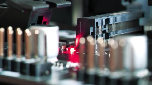Microcircuit chip with electronic components. Close-up of micro circuit, resistors and chips. Chips and resistors on circuit board close up. Close up of electronic circuit board, macro lens