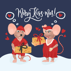 Christmas vector mouse. Cartoon illustration. Cute mice with cheese and lettering quote. Merry Kiss Mas.