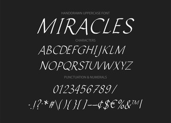 Hand drawn vector italics uppercase alphabet ABC with letters, numbers, symbols. For calligraphy, lettering, hand made quotes.