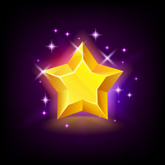 Shining yellow star with sparkles, slot icon for online casino or logo for mobile game on dark background, vector illustration.