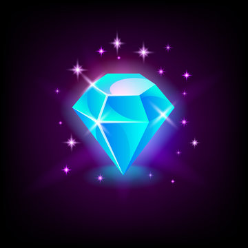 Shining blue diamond, gemstone, slot icon for online casino or logo for mobile game on dark background, vector illustration.