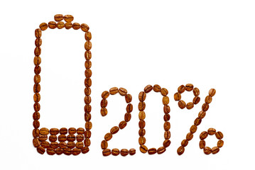 Battery charge 20% of coffee beans on a white background.