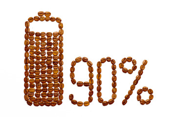 Battery charge 90% of coffee beans on a white background.