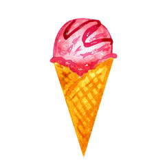 Ice cream cone on a white background. Watercolor illustration.