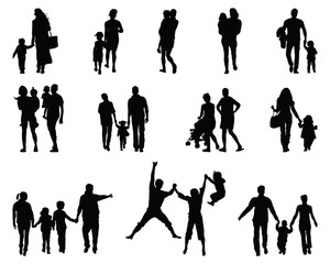 Silhouettes of families at walking on a white background