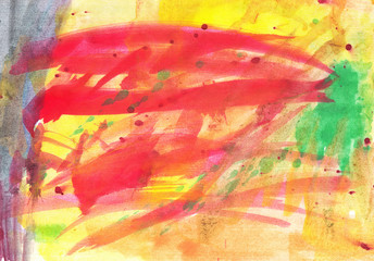 Yellow, red and gray watercolor splash background. Paint stains with spots, blots, grains, splashes. Colorful wallpaper.