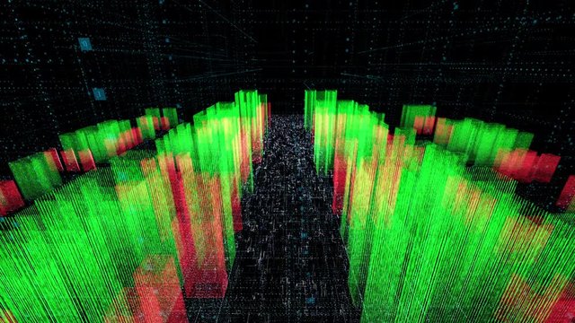motion graph of blurry segmented green purple blue coloured voluminous figure growth in column shape with data marks in dark flashing squares background. 3d animation. Business and finance concept.