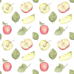 Seamless pattern with whole and sliced ​​yellow and red apples, as well as leaves from an apple tree on a white background. Watercolor Hand drawn Pattern