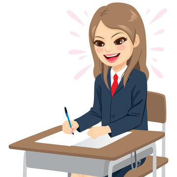 Young student girl in school uniform happy doing an easy exam sitting on desk writing