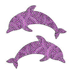 Two pink silhouettes of dolphins with patterns. Vector illustration with isolated background.