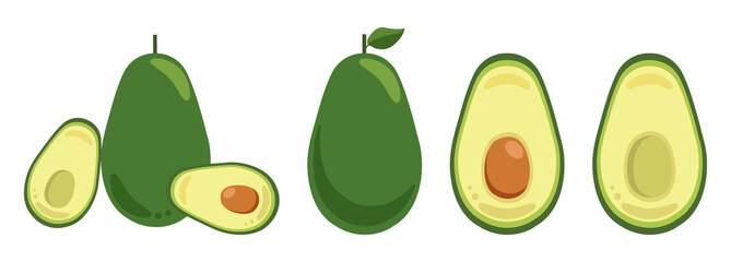 Set of vector elements isolated on white background. Whole and cut in half avocado with pit