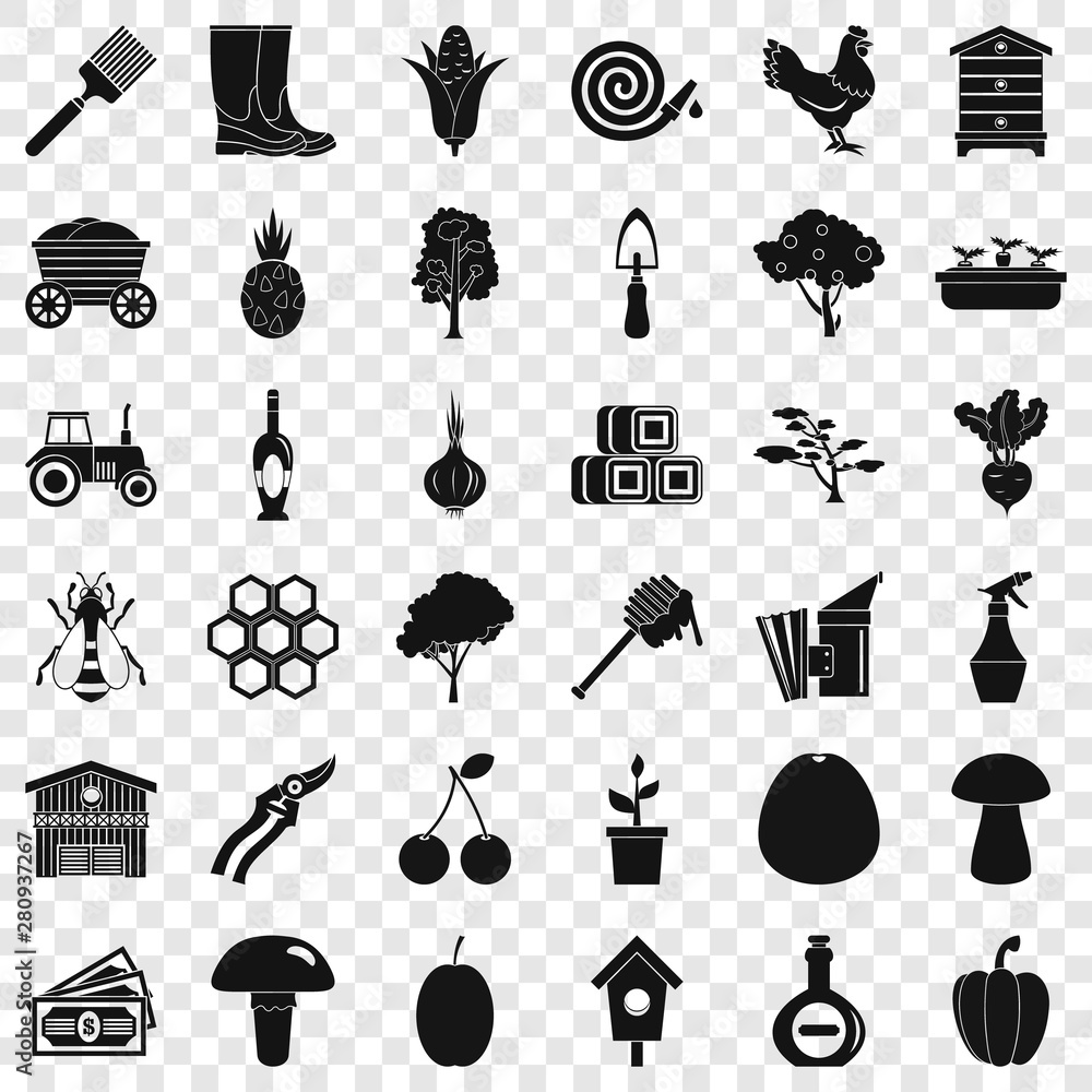 Poster hard farming icons set. simple style of 36 hard farming vector icons for web for any design