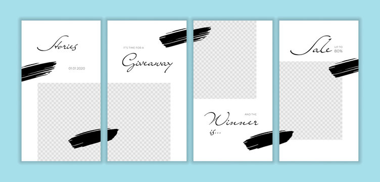 Vector Giveaway Story Trendy Templateset. Black And White Frames With Hand Drawn Brush Strokes And Place For Photo. Design For Social Media Post, Ad, Announcement Of Winner, Voucher.