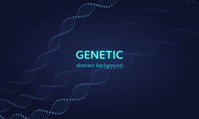 Vector genetic abstract banner template. Neon color glowing illustration. Gene dna spiral with text on dark blue background. Design element for education, healthcare, medicine, science.