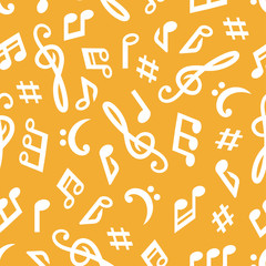 Seamless vector pattern with music notes on white background.