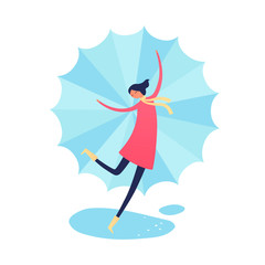 Vector character autumn illustration. Flat happy female in red coat with scarf and umbrella dancing in rain isolated on white background. Design element for poster, promotion, card, media, layout