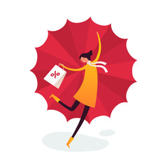 Vector character autumn sale banner template. Flat female in coat with scarf, umbrella and shopping bag with discount symbol. Design element for poster, promotion, card, media, layout