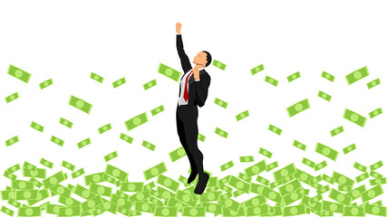 illustration of a businessman experiencing a profit that moves upwards. jumping business fly up.