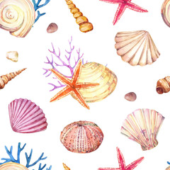 Watercolor seamless pattern with underwater life objects - seashells, starfish, corals and sea urchin. - 280939249