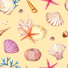 Watercolor seamless pattern with underwater life objects - seashells, starfish, corals and sea urchin.