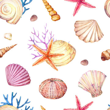 Watercolor seamless pattern with underwater life objects - seashells, starfish, corals and sea urchin.