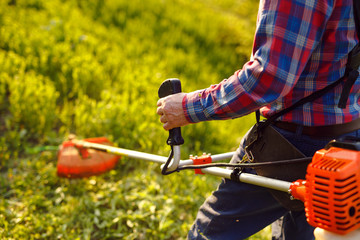 mowing trimmer - worker cutting grass in green yard at sunset.