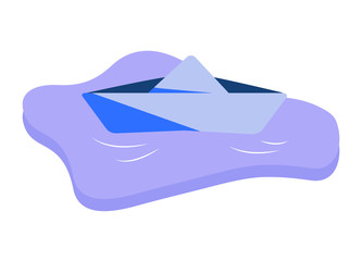 Flat icon of a blue paper boat in puddle. Children's toy ship sails in water. Cartoon vector illustration.