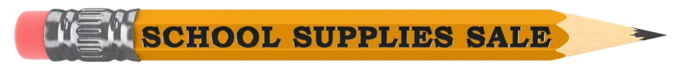 Single yellow pencil with School Supplies Sale in engraved text - 3d render