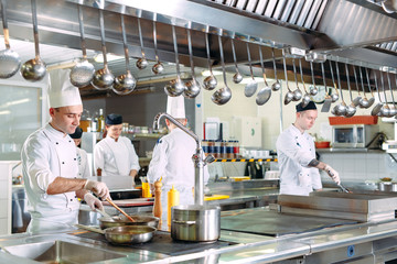 Modern kitchen. The chefs prepare meals in the restaurant's kitchen.