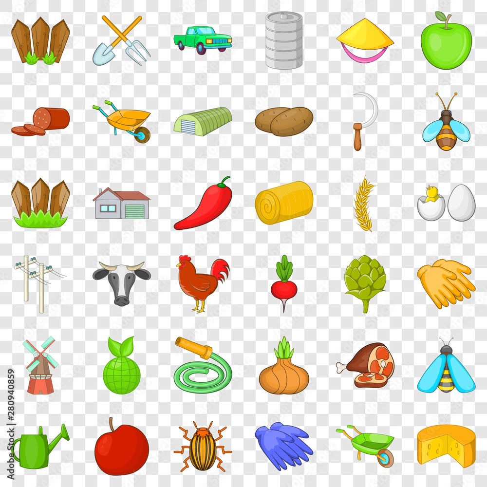 Poster hard farming icons set. cartoon style of 36 hard farming vector icons for web for any design