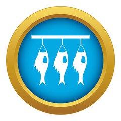 Three dried fish hanging on a rope icon blue vector isolated on white background for any design