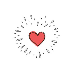 Red Heart with Sunburst. Vector Explosion. Hand drawn Design Element. doodle style.