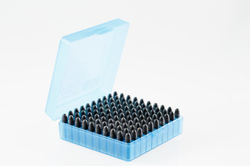 Hunting cartridges in a plastic box. Bullet storage box.