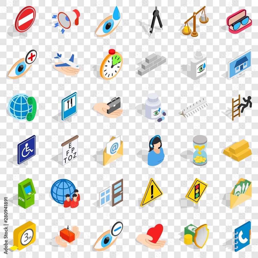 Poster megaphone icons set. isometric style of 36 megaphone vector icons for web for any design
