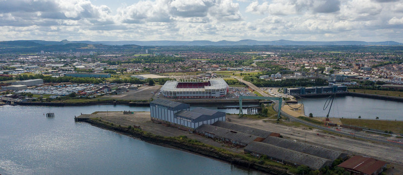 The historic iron town of Middlesbrough showing the football stadium the riverside
