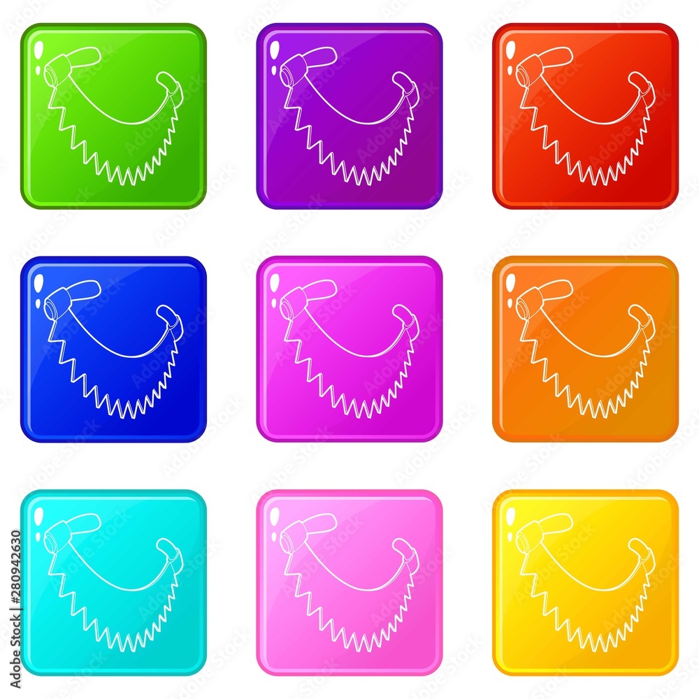 Poster saw with two handles icons set 9 color collection isolated on white for any design