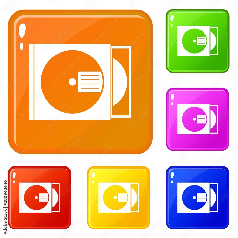 Poster cd box with disc icons set collection vector 6 color isolated on white background