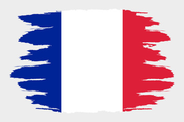 France Flag. Brush painted France Flag. Hand drawn style illustration with a grunge effect and watercolor. France Flag with grunge texture. Vector illustration.