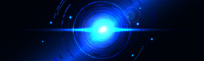 Futuristic Vector Banner. Abstract circle with flash in the middle and shiny elements on a dark background. Futuristic engineering. Circle hitech vitality innovation. Vector design background